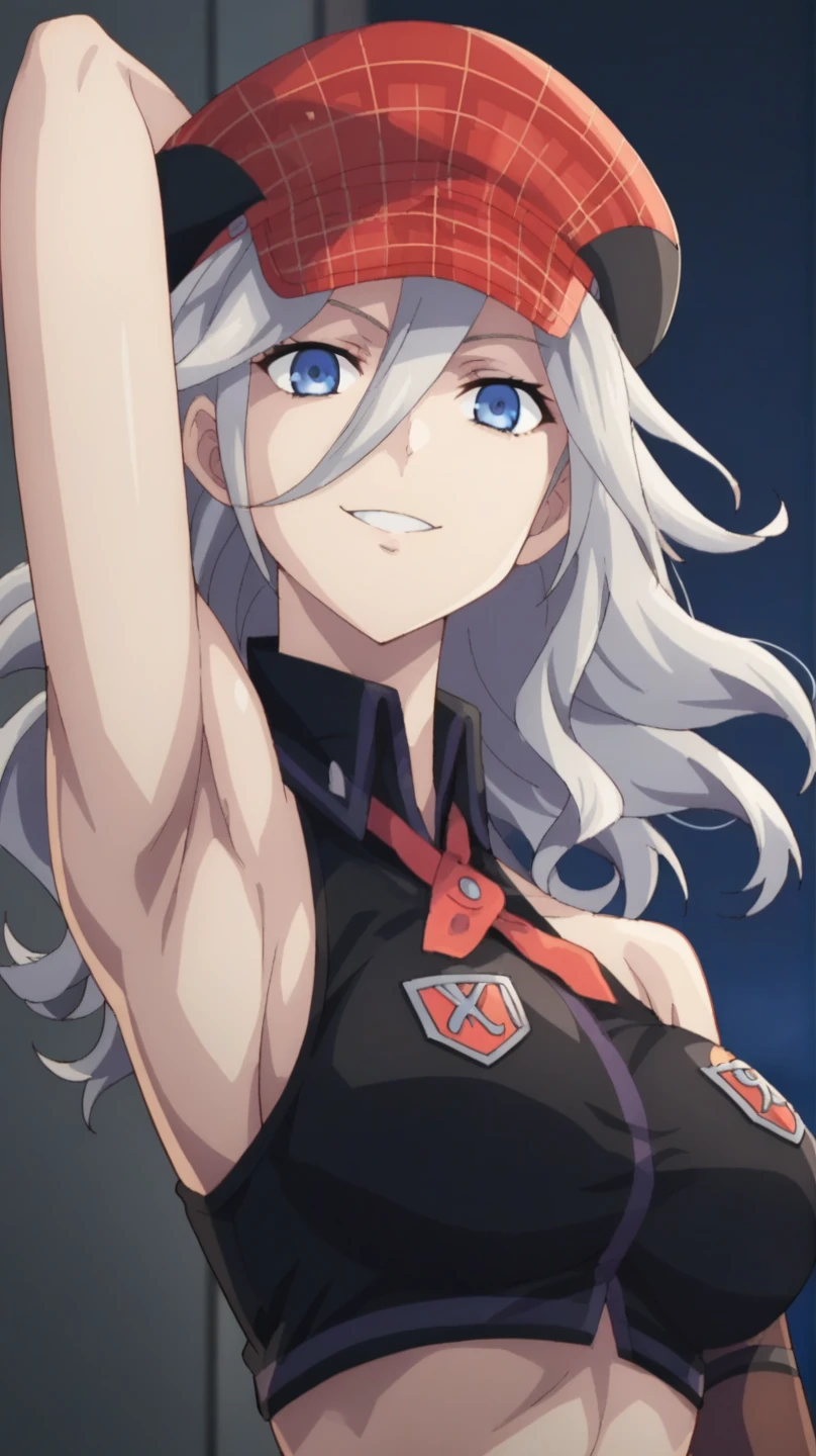 score_9, score_8_up, score_7_up, source_anime, anime screencap, 1girl, solo, alisa god eater, long hair, silver hair, wavy hair, large breasts, blue eyes, hat, midriff, bangs, arm behind head, armpit, looking at viewer, head towards viewer, smile, badhandv4, indoors, night, bare shoulders, bare arms, from side, from below, elbow gloves,