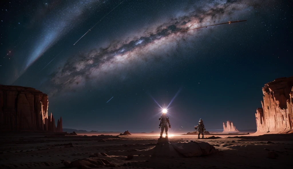 "An astronaut standing on the desolate surface of an alien planet, surrounded by undulating rocky terrain covered in a thin layer of red dust. The sky displays an unusual gradient of purple and orange hues due to the alien atmosphere, with a massive gas giant dominating half the sky, illuminated in dreamy blue and white cloud bands. The astronaut is clad in an advanced, streamlined spacesuit reflecting the alien light, holding a multifunctional tool for geological sampling or equipment inspection. The scene is lit by two suns from a binary star system, casting long shadows and creating a unique interplay of light and shadow. Alien flora with crystalline structures scatter around, shimmering in the sunlight, and some have sharp, blade-like leaves to capture dust and microorganisms, while others have large, glowing flowers that emit light and sound to attract alien insects. The alien creatures have metallic skin that reflects the environment for camouflage, with complex body structures and multiple joints for agile movement. They interact with the flora, forming a symbiotic relationship. The entire scene is rich in color contrast yet harmoniously unified, evoking a sense of wonder and excitement for exploring the unknown."