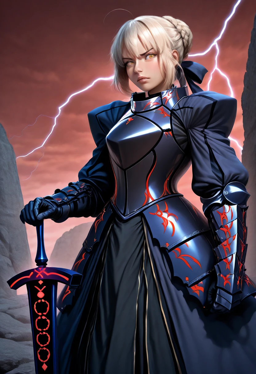 masterpiece, best quality, realistic, solo, 1girl, sbraltst2, looking at viewer, standing, hands on hilt, excalibur morgan \(fate\), short hair, blonde hair, single hair bun, french braid, yellow eyes, v-shaped eyebrows, black armor, black dress, armored dress, breastplate, puffy sleeves, gauntlets, faulds, outdoors, red sky, cloudy sky, lightning, rock