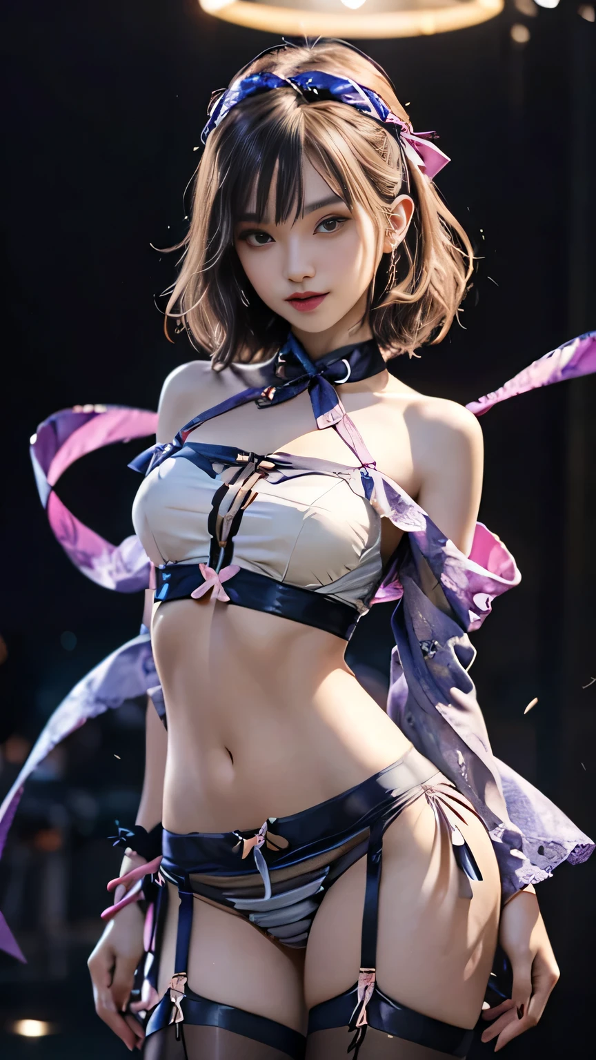 (Ultra-realistic realism), (A high resolution), (32K), (The is very detailed), (Beautifully detailed eyes), (top-quality), (ultra - detailed), (tmasterpiece), (the wallpaper), (A detailed face), solo, 1 girl in, looking at viewert, finedetail, A detailed face, in the darkness nigth, deep shading, low tune, pureerosfaceace_v1, A smile, blue shawl ,straight hair, 46-point diagonal bangs, (Silk clothing, short clothing, strips), (strips:1.5), (strait ribbon:1.5), (cropped shoulders), The view of the night city,Light pastel coloured outfit,Nipples,streaks,Small breasts,near-flat chest,Very small hips,Very thin waist,Very thin legs,Very thin thighs,Morning Glow,In the spotlight,Pink nipples,Long inseam,Dancing naked,Slim legs and thighs,The belly button and the surrounding area are exposed,Provocative and sexy white underwear that shows off the bare skin,