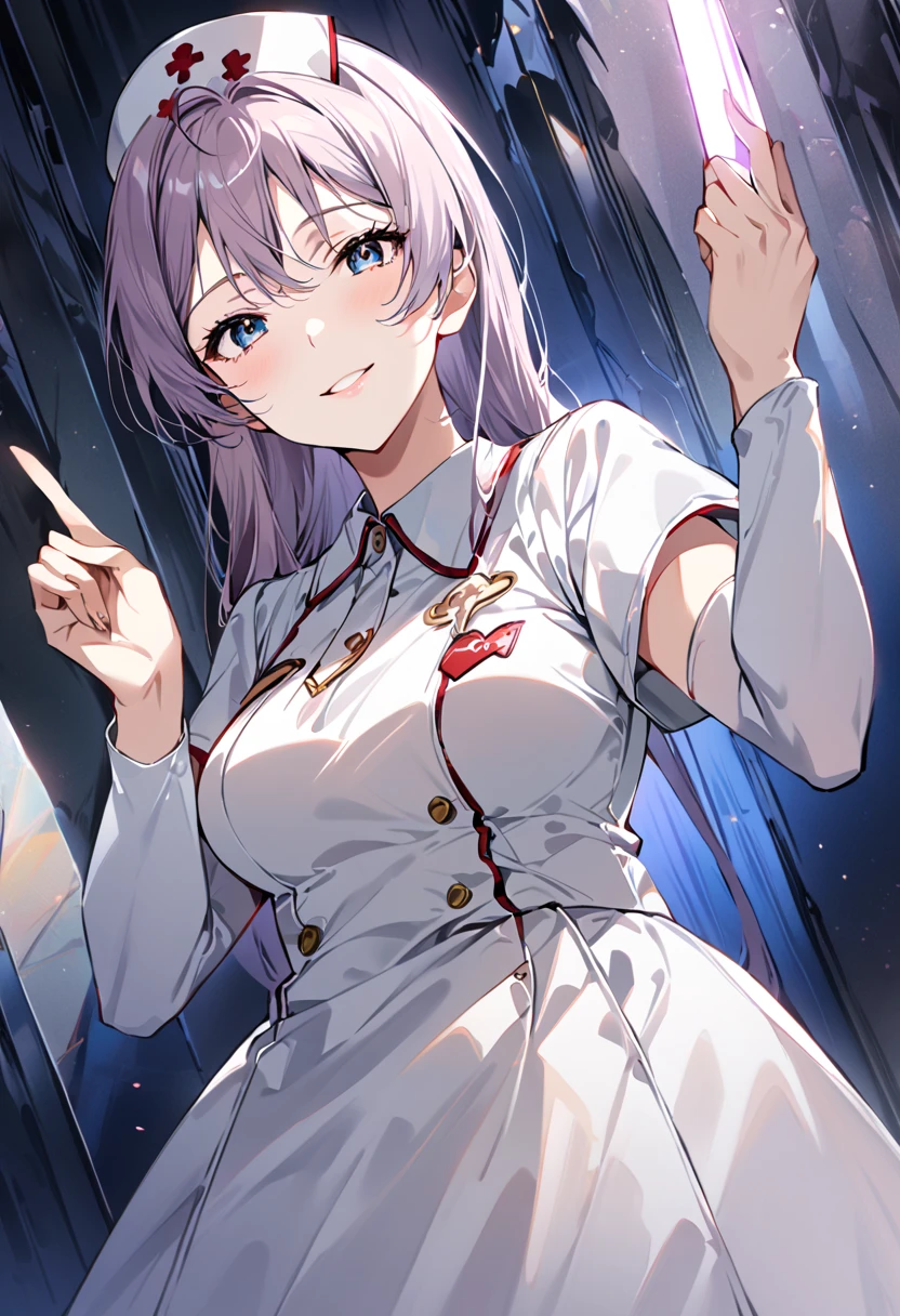  shot from the ground holding a board with both hands　 from the front　whole body　　 standing　 lower angle 　 looking at camera　１ girls　 Nurse　Angel in White　nurse uniform　 cute nurse clothes 　cute white coat 　Woman holding a board with both hands 　Glasses　 skirt　 gentle smile　 Angelic Smile　put index finger on mouth　　 Sakura Mori Kaori 　Million Live　 hospital bed 　 dark　night　secretly　 top quality ,   Masterpiece ,  super high res,　  beautiful legs　Beautiful upper body
　Beautiful lower body　　
Two perfect legs　 perfect five fingers beautiful eyes detailed eyes detailed face 