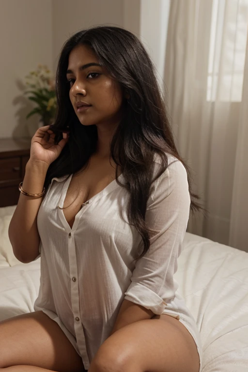 
22-year-old, Height 160cm, Russian race, European race, slim, huge breasts, black hair, , short hair, hot model, erotic, sexual gaze, hot sexy model sexy hot face, A close-up shot, sharp focus, loose shirt, long shirt, baggy shirt, legs, high detail face, high detail skin, 8k, HDR, high resolution, photo-realistic, cinematic lighting, depth of field, bokeh, rim lighting, backlit, cool colors, night, bedroom background, ((vivid light, dynamic lighting, realistic, super realistic, realism)) hina khan lookalike