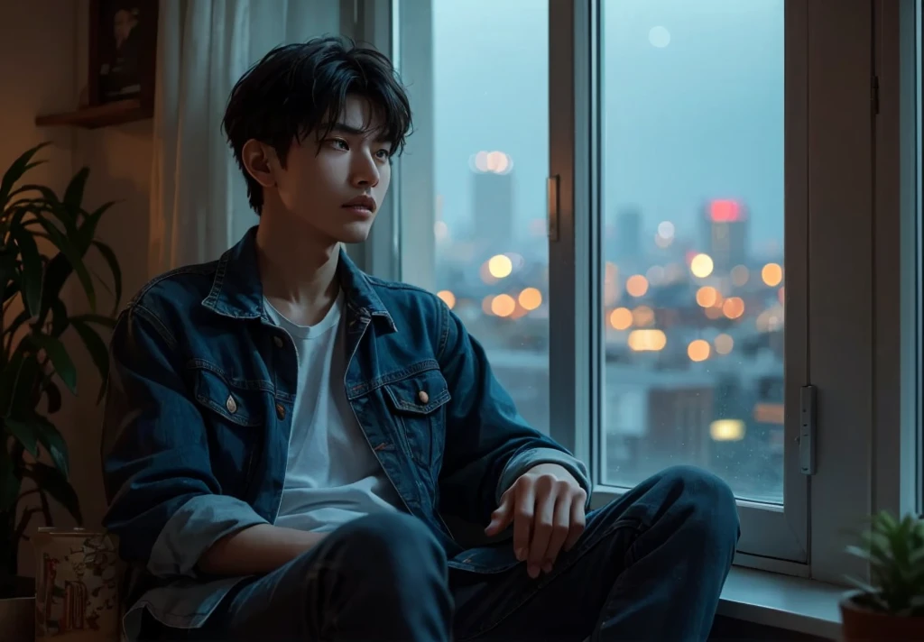  Handsome Japanese Men Like Models (22 years old):  Casual , Contemporary look.   wearing a denim jacket over a plain t-shirt while imagining  ,  dark jeans ,  sneakers. 彼teeth短い,  's slightly wavy hair and light stubble、Casting shadows on the face。, Contemplative expression .ヴィクラム sitting by his window at home,  teeth、 looking at the city lights in the distance 。. 部屋teeth暗い, 。however、 faint glow through a window  ,  teeth、Anjali , I'm pensive.