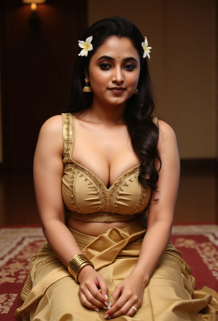 An Indian Woman With Glowing Brown Skin Sits Cross legged On A Plush an-indian-woman-with-glowing-brown-skin-sits-cross-legged-on-a-plush