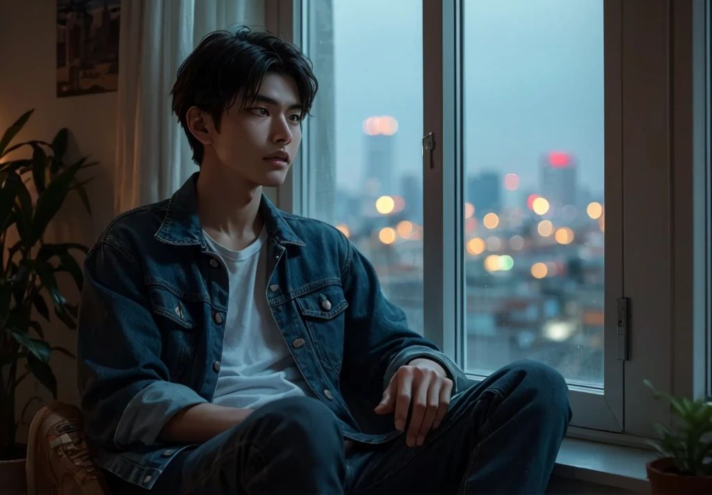  Handsome Japanese Men Like Models (22 years old):  Casual , Contemporary look.   wearing a denim jacket over a plain t-shirt while imagining  ,  dark jeans ,  sneakers. His teeth are short,  's slightly wavy hair and light stubble、Casting shadows on the face。, Contemplative expression .ヴィクラム sitting by his window at home,  teeth、 looking at the city lights in the distance 。.  room teeth dark , 。however、 faint glow through a window  ,  teeth、Anjali , I'm pensive .