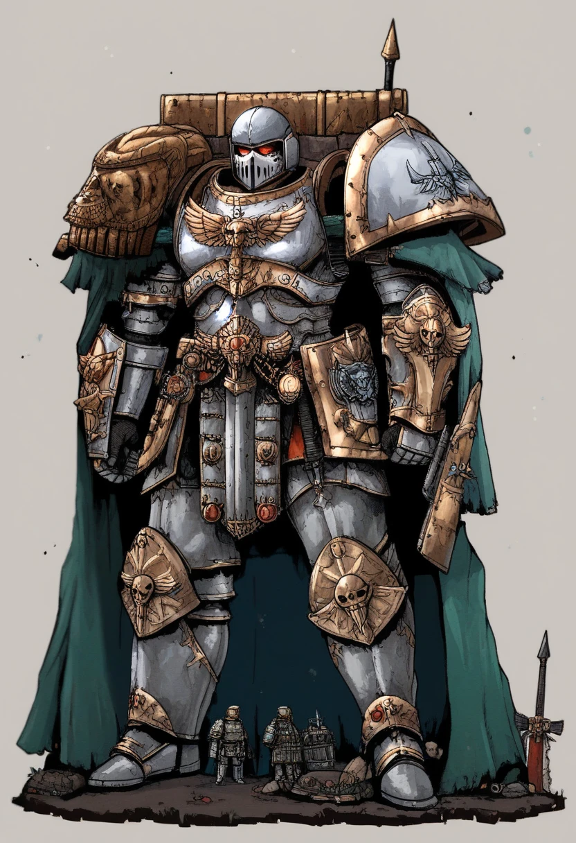 Anime, Concept art, Absurd resolution, high resolution, (masterpiece: 1.4), hyper-detail, warhammer 40k terminator armor, Juggernaut armor, heavy armor, knight, crusader, holding halberd, Halberd: 1.5, full body, glowing weapon, cloak, silver armor, edgy, grimdark, octosoup, 1man, bulky, buff, scary,