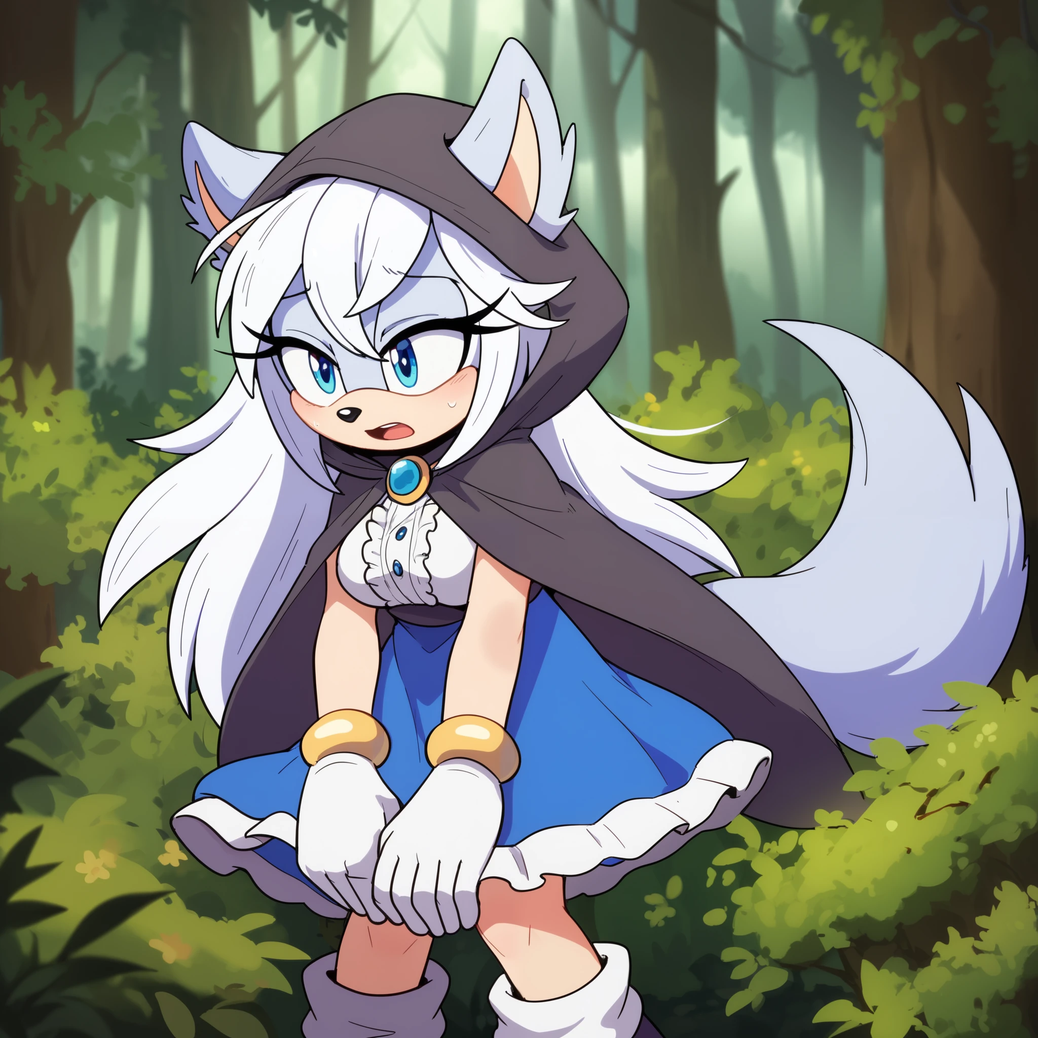 nfsw, female, Wolf, Mobian Wolf, Mobian, wolf tail, white fur, white hair, very long hair, blue eyes, wolf ears, Female, long hair, medium sized breasts, Sonic OC, small open mouth, little bit sad, (solo), (1girl), Sonic the Hedgehog style, forest, dirty hooded cape, dress, Fenrys as a Sonic Character