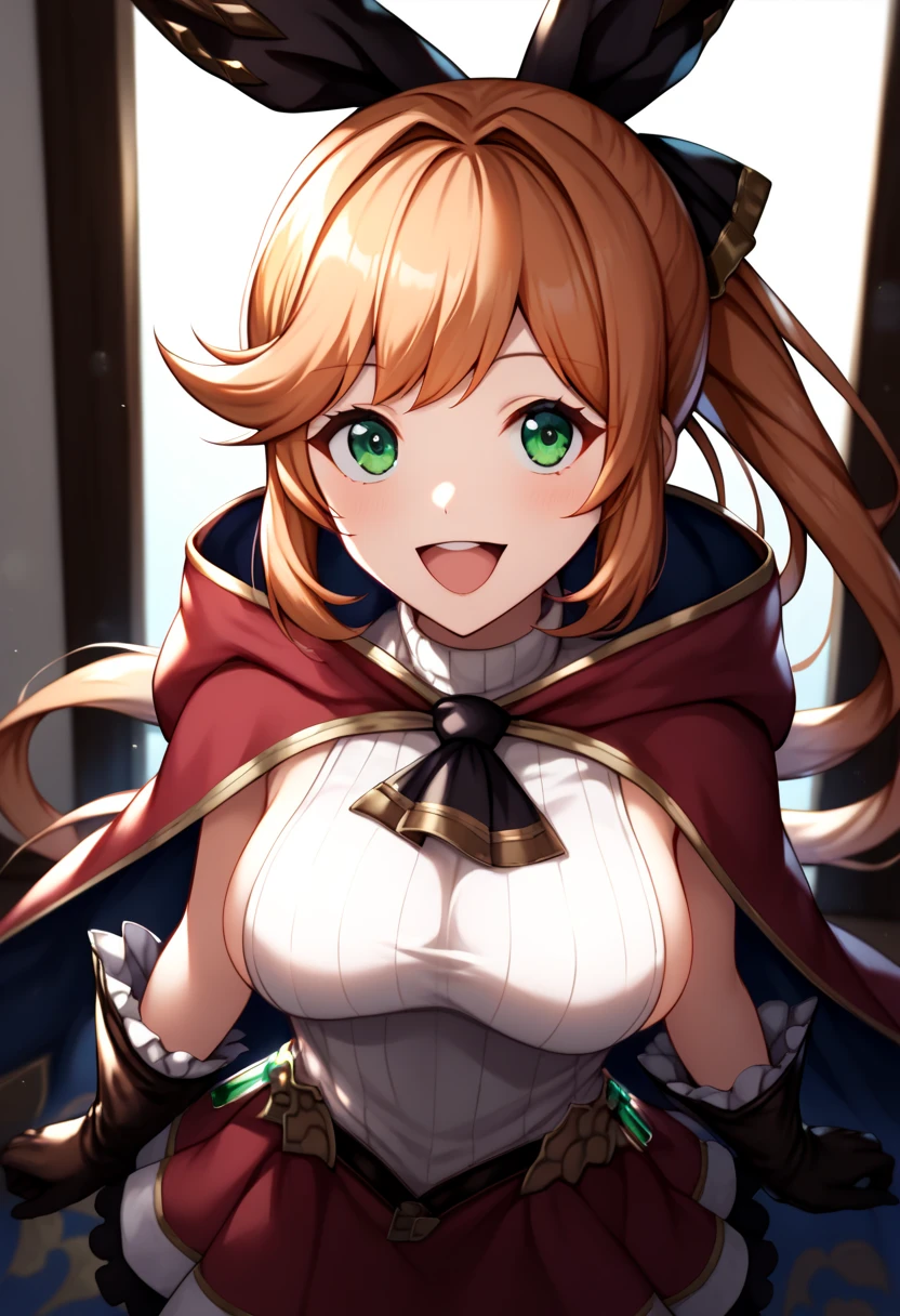 score_9_up,score_8_up,score_7_up,masterpiece,best quality,highres,absurdres,ultra-detailed,illustration,1girl,large breasts,((from above)),looking at viewer,indoors,happy,smile,open mouth,clarisse \(granblue fantasy\),long hair,ponytail,orange hair,hair ribbon,green eyes,red cape,sleeveless,gloves,white sweater,ribbed sweater,sideboob,taut clothes,手でスカートを持ち上げる　スカートリフト　パンティ　パンティ見せ　ミニスカート　　thigh