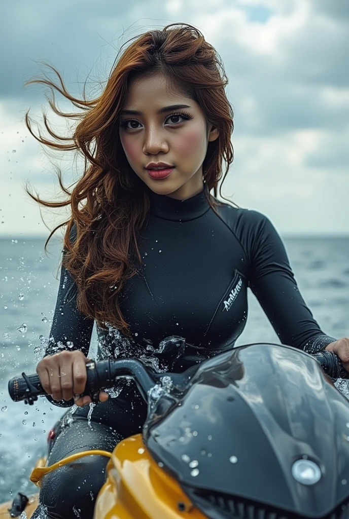 A beautiful indonesian woman, detailed hair, wearing longsleeve diving suit, hair flying in the air, riding jetski over the sea, ocean water splashwith dark cloud as background details. Natural light, look at the viewer,  