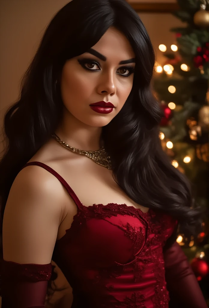  ((( Full body photo of a woman in lingerie  ))),  Your body is a work of art   , Ultra realistic quality, , (((      Full body shot  ))), (((     dim lighting    ,          sharp focus,         detailed face of Judith 4        ))),    Extremely        detailed face of Judith 4        , ((((       Beautiful woman in red Christmas lingerie   ))), (((        intricate details       ))),     brown eyes,      seductive,          smooth and shiny black hair     , make-up,   Red lips)),      full body side view    , (((      in the background of a room decorated with merry Christmas motifs))),    cinematic quality shorts     ,    dim lighting    .
