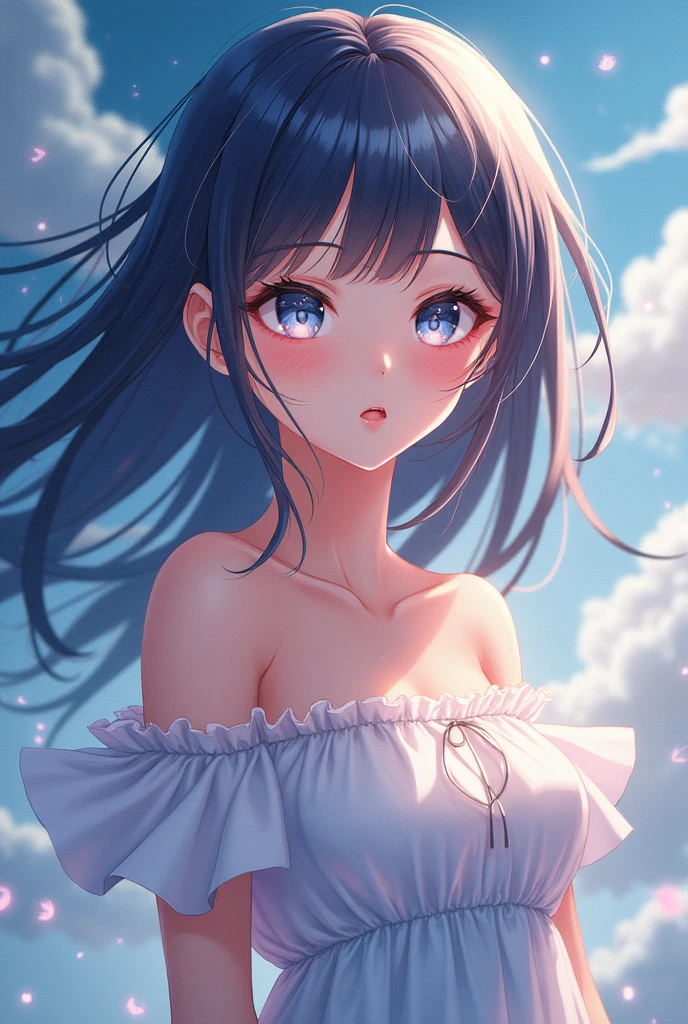 masterpiece, best quality, one girl, pretty girl, beautiful blue sky, woman with slave collar, short hair, really fluffy hair, black hair with gray highlights, hair blowing in the wind, green eyes, soft expression, white dress, staring at the sky, breathtakingly beautiful, gms, (upper body)