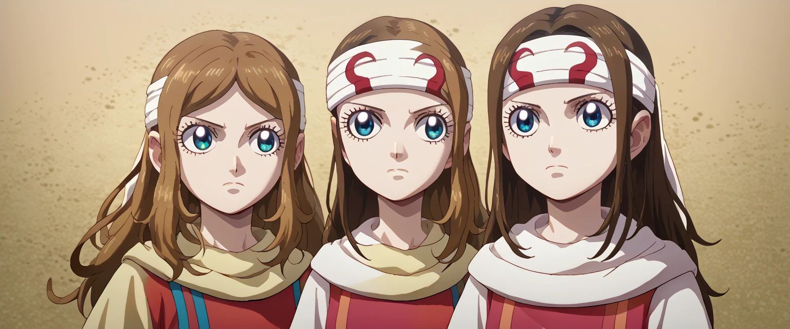 brown hair blue eyes long hair ((((emotionless))))    ((((Serena)))) score_9, score_8_up, score_7_up,  2girls, kyoukai  cowl (((headband)))  ((((expressionless))))