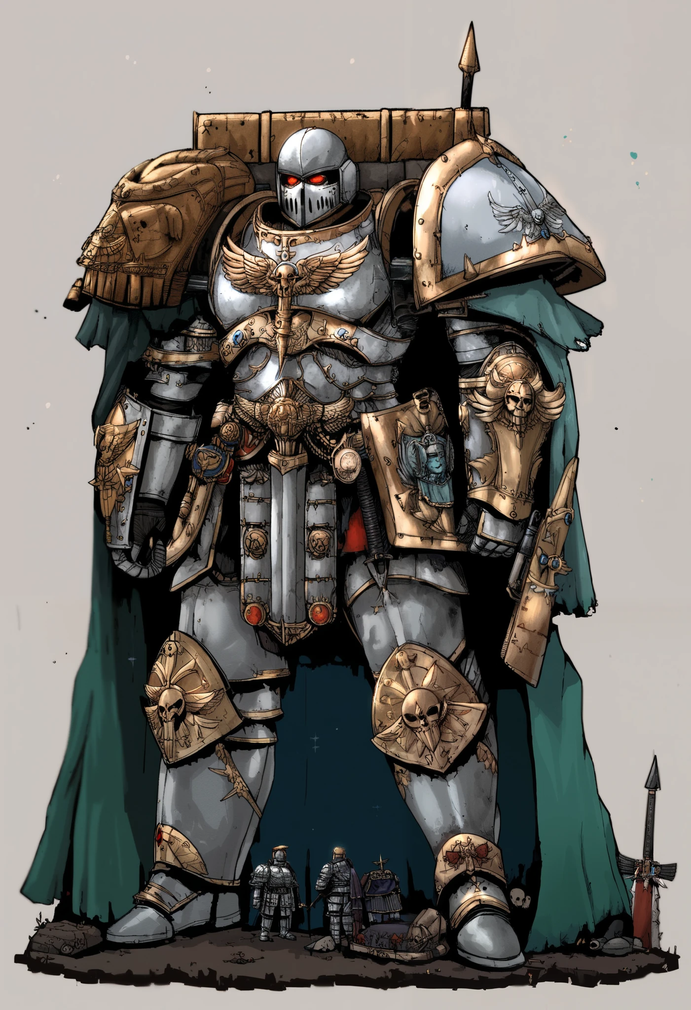 Anime, Concept art, Absurd resolution, high resolution, (masterpiece: 1.4), hyper-detail, warhammer 40k terminator armor, Juggernaut armor, heavy armor, knight, crusader, holding halberd, Halberd: 1.5, full body, glowing weapon, cloak, silver armor, edgy, grimdark, octosoup, 1man, bulky, buff, scary,