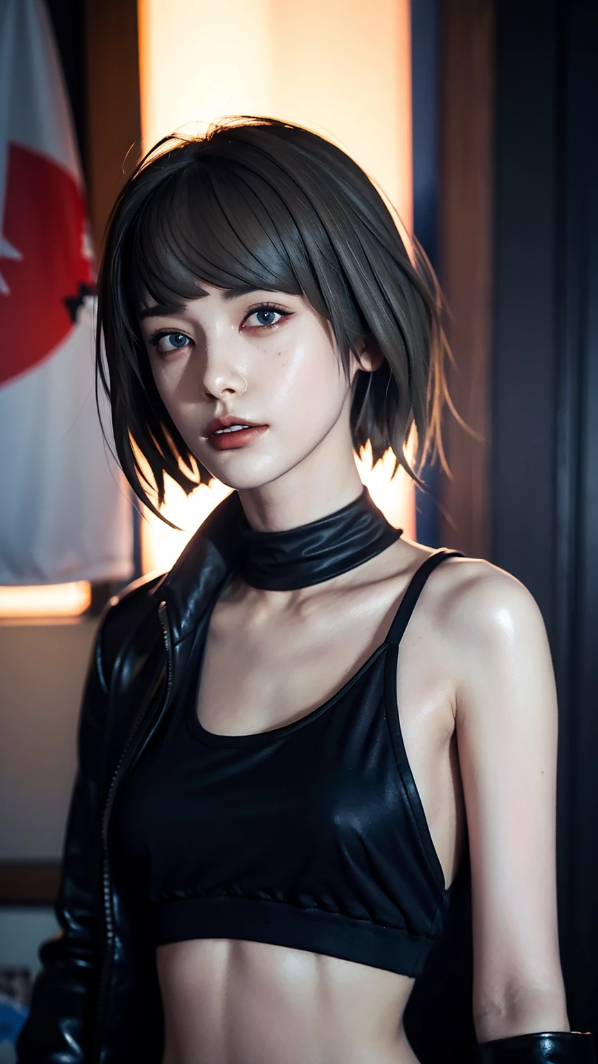 Maxine Caulfield from Life Is Strange, wearing shades eyewear, arms up, bare, adult content, dark lipstick, dark eyeline makeup, slender arms, detailed body, from below, minimum, harmony, tranquility, aesthetic, Steel tower with fine texture details, blue sky, 1 Girl , 19-years-old, slender, floating Medium Hair, bangs, (Gothic_Punk:1.2), masterpiece, best quality, RAW Photos, sigma 50mm f1.4, candytt, NSFW, hot, attractive, beautiful, aesthetic, consistent