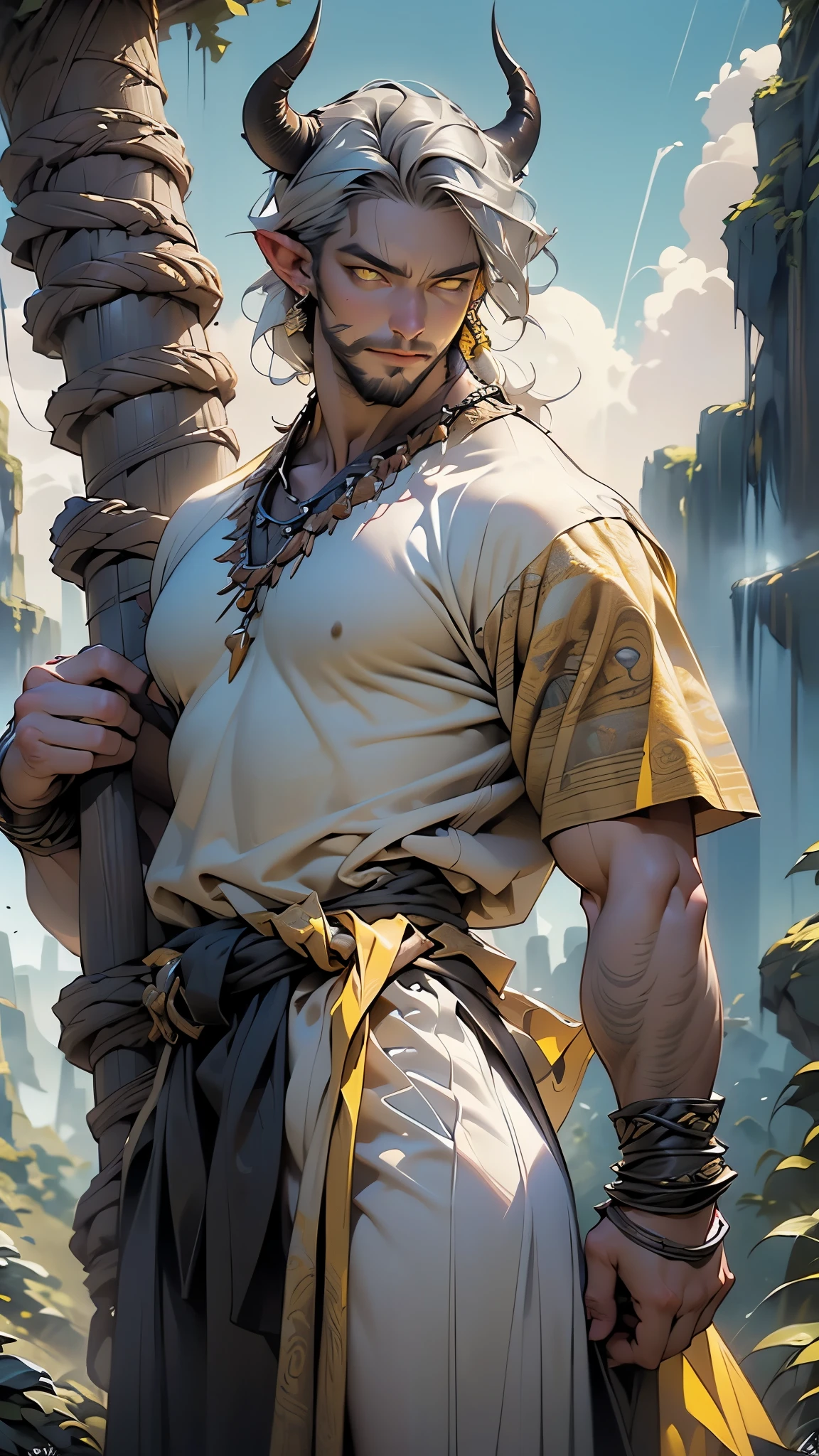 (((bull's head man))),A bull-faced man with his arms crossed,(((mythological minotaur))),((Bull horns:1.5)),((exaggerated muscles,exaggerated shoulders,very muscular and huge)),man chest,(((bull face))),((((muscular,muscular bull man,tall,big biceps,abs,big thighs,broad shoulders,open chest)))),animal man,(anthro furry:1.2),((Old)),(shaman),((silver hair)),(((yellow_eyes:1.3))),intricate eyes,beautiful detailed eyes,symmetrical eyes,((Long tangled white beard)),
Genetic mutation of a half man half minotaur,
Man with an imposing bull's head adorned with ((spiraling horns)) and deep, athletic, The bull's skin is dark brown and covered with a fine,
rich woodland beads and leather bound jewelry with a gnarled and intricately carved staff, a touch of vibrant colour to his garbs woven in,
Wear jade ornaments around the waist,(black linen tunic, himation),((bulge in tunic)),(loincloth),((tribal clothes:1.5)),((intricate outfit,intricate clothes)),
((mountain)),scenery:1.25,((intricate scenery)),((mountain background)),(Glossy tribal ornaments),
highres,sharp focus,(ultra detailed,extremely detailed),(photorealistic artwork:1.37),(extremely detailed CG unity 8k wallpaper),(((vibrant colors,vibrant theme))),(intricate),(masterpiece),(best quality),artistic photography,(photography taken by sldr),(intricate background),perfect rendered face,perfect face details,realistic face,photo realistic,((intricate detail)),(((realism))),