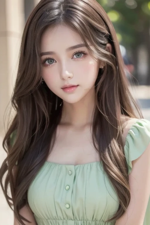 Wavy long hair, Brown Hair,  One girl ,  Emerald Eyes ,  pink lips, Pastel Green Dress,