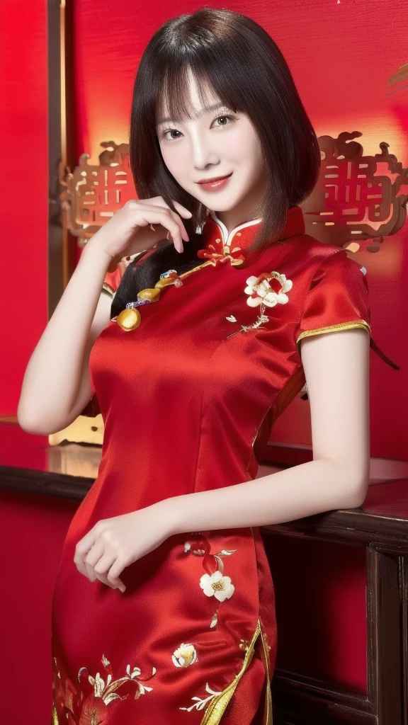 (highest quality、8K、masterpiece、nffsw:1.2)、19-year-old slender beauty,Flashy makeup with red eyeshadow,mouth wide open、Yo-ho、double eyelid,delicate mid-cut ponytail,squatting down、spread legs, show white panties,Her white panties are clearly visible、sexy cheongsam and silk miniskirt,best smile,She is wearing a sexy short colorful cheongsam。。,Chinese dress with deep slit,draw hands correctly,The background is the bright interior of a Chinese restaurant...,