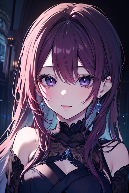 best quality,4K,High Resolution),ultradetailliert,realistisch,portrait, purple with dark red hair succubus in a purple and dark red spring dress with gold embellishments, leuchtende Farben, delicate features, seductive glance, charming smile, wallende Haare, Sanfte Beleuchtung