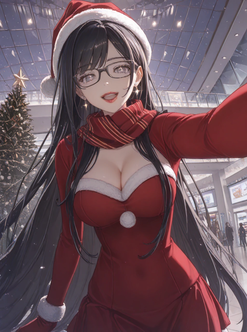  masterpiece fails,  top quality,  amazing quality ,  very aesthetic , absurdres , newest,  anime screenshot bayofate ,  black hair, ( Very long hair :1.3), glasses,   big breasts , bang,  grey eyes , mall  under eye, earrings, mall , mall  under mouth,Santa Costume, santa hat, scarf,  sexy ,  room, decorations, Santa Christmas tree ,selfie,dutch angle,   sexy ,   full height,(backlighting:1),  Opened lips, blossom , Shine,censored,   cleavage  ,waist,  seductive  ,  Santa gloves ,  open mouth , Night,lighting, ,  shoulder,,  suit skirt looking at the viewer ,Particles of light,   cleavage  ,red lips,  seductive  smile, sex