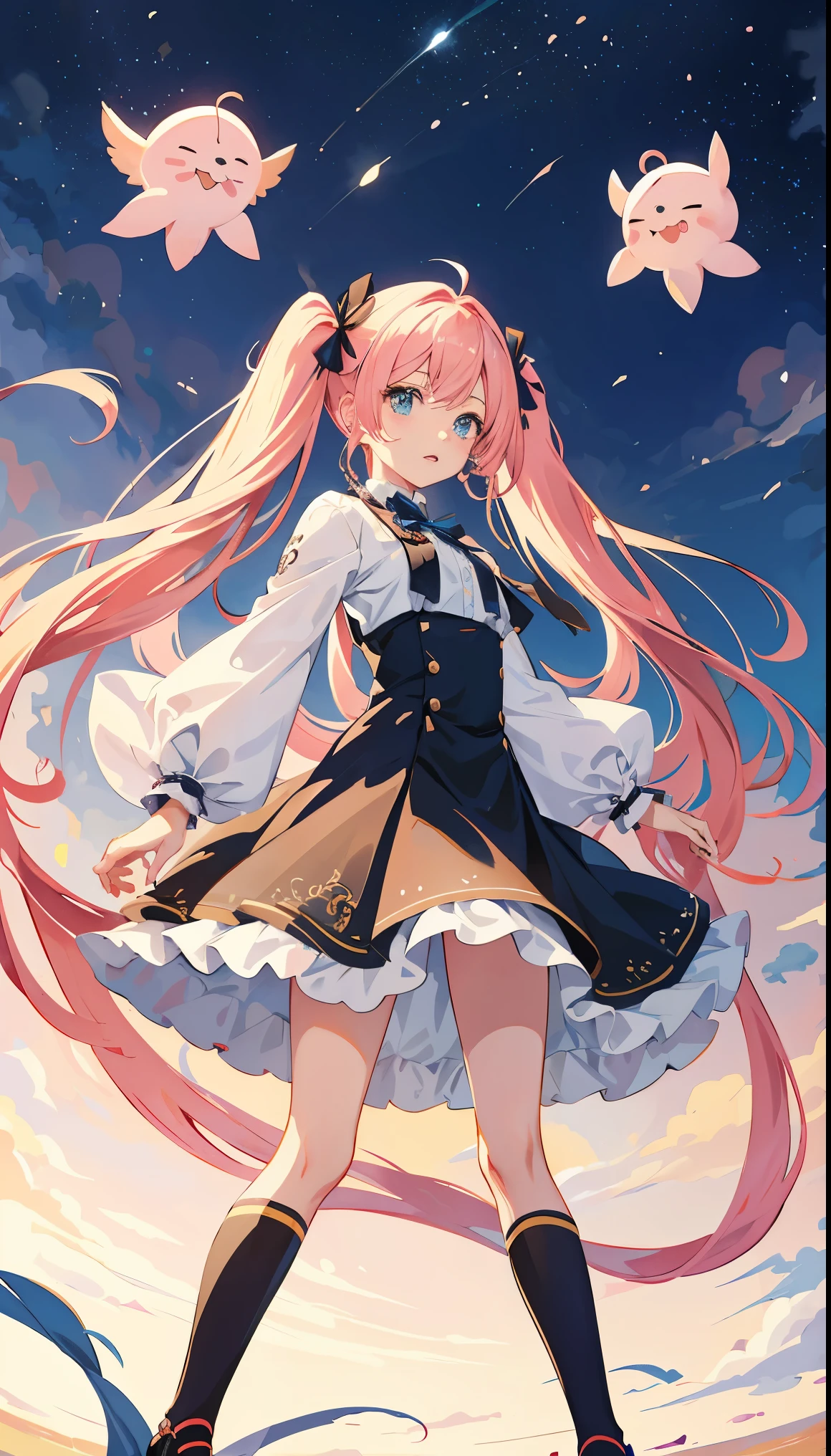 anime girl with pink hair and blue dress holding a sword, aesthetic cute with flutter, Digital art on Pixiv, pink twintail hair and cyan eyes, Soft anime illustration,  pretty anime, Anime Wallpaper,  anime with long hair, humanoid pink female squid girl,  anime, Anime art style beautiful, ( anime), beautiful anime art