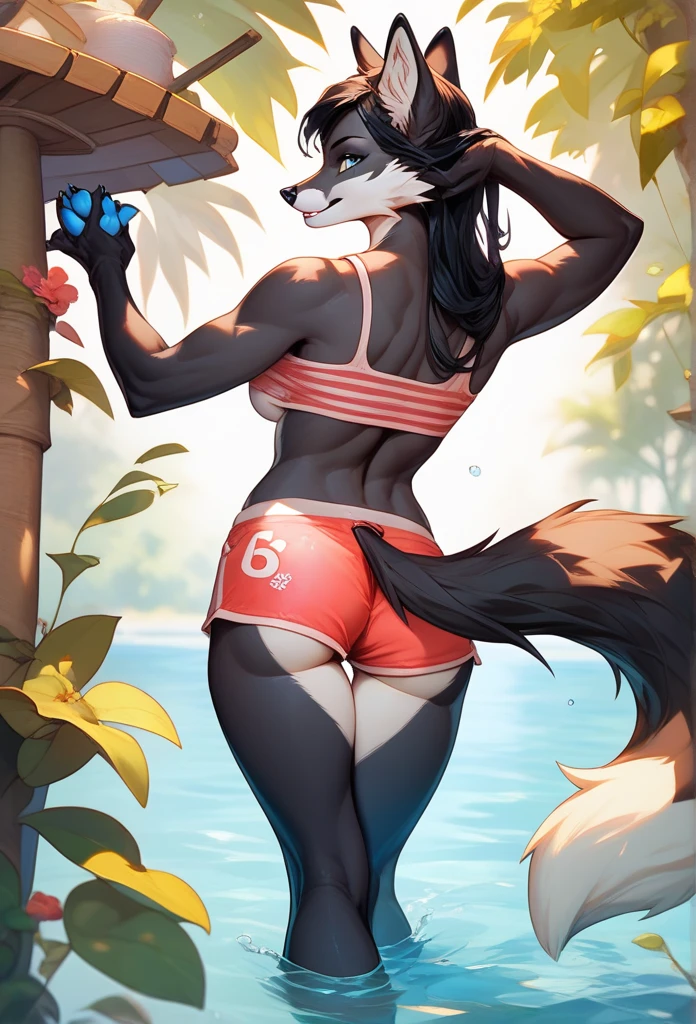 by fluff-kevlar and wizzikt and meesh, Female, solo, anthro, badger, white and black fur, black and white body marks, fluffly, furry, 18 years old, perfect proportions, beautifull drawing, "Under the tropical sun, a young female badger in a vibrant swimsuit explores a river in the middle of a lush jungle. The green leaves loom over her, as she searches among the crystal clear waters of the river, immersing herself in the freshness of the natural environment and the passionate search. The female badger is tilting one leg, which makes her butt stand out and look verry good"