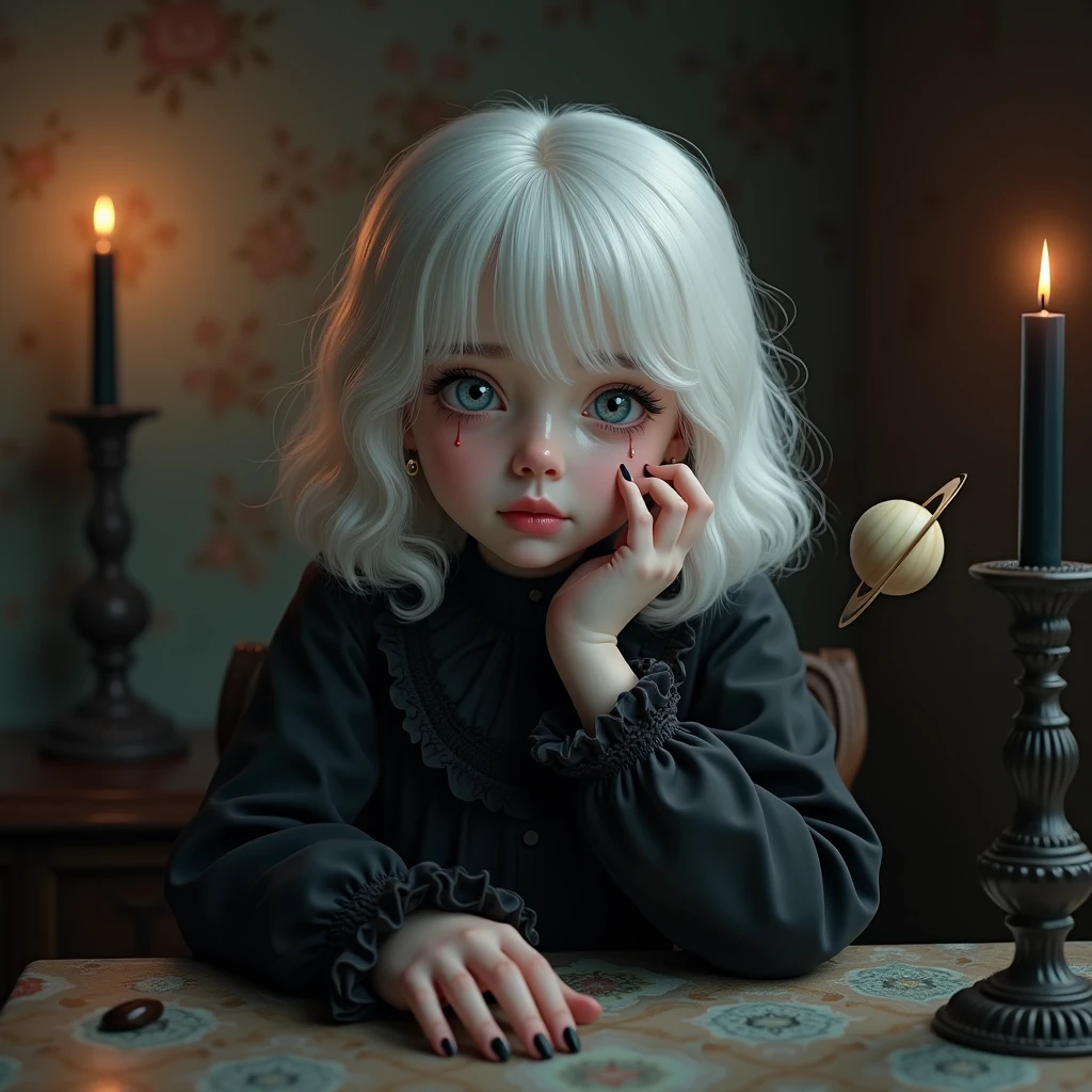 Dark scenery full of shadows around(imagens nas sombras parecem monstros(tudo escuro, Only an old lantern lying on the ground illuminates little with candlelight; in the scene a red-haired child (cabelo laranja) (sardas no rosto),(rosto de medo)(fear expression)(vestido rosa neon estilo parisiense antigo)(muito linda olhos expressivos e ultra reais), (ela se esconde do terror noturno) next to a succubus,the child she is afraid of the dark Night terrors Shadows Darkness Beautiful eight-year-old child very afraid of the dark, Ao fundo, a lamp illuminates part of the darkness, Child of total darkness sitting in fear, pavor, suspense, terror, horror medo, horror scene, fear of the child, everything causes fear , sombras na penumbra, nevoeiro, mists, medo