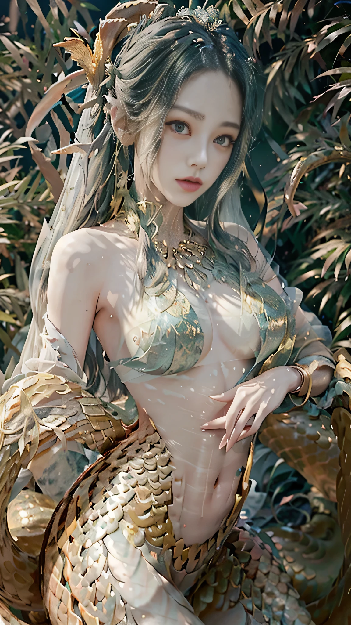 Dunhuang style，Lots of tulle streamers，A beautiful woman covered in golden scales，(mermaid:1.2), (Snake tail:1.3)，8K  UHD，RAW photo，（Python pattern），(Crystal clear scales)golden colored，(Real Human:1.3)，(A high resolution:1.4)，(A detailed:1.5)，(photorealestic:1.7)，RAW photo，Portrait Photogram，golden ornaments，Symmetrical double bun，long whitr hair，Skin is delicate and smooth，Full breasts，Bare body，Silk tulle coat，（Lamia），RAW photo，超A high resolution，Foto realism，best qualtiy，(highdetailskin，skin detailed)，Visible Pore，Shiny skin，tmasterpiece，finedetail，Colorization，Extremely Delicately Beautiful，Extremely detailed 8k wallpaper，8K high quality，Digital SLR，The beauty of Dunhuang and beautiful details，(looking at viewert)，professional photograph lighting，Faraway view，full bodyesbian
