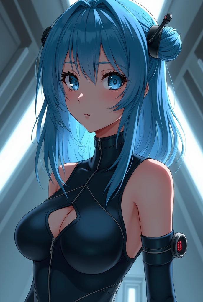 cool synthwave anime girl , dark blue hair , blue eyes , rainy time , underground dance club , whole body shot, big brest, (Perfect thick white eyebrows) Delicate fur, 详细s face, s the perfect face, At a in an dance club , (Drink a glass of wine while standing), Comfortable background, perfect decoration, lighting atmosphere, ((Bonifasko lighting)), (The round lenses on his eyes)(詳細な目), Perfect student