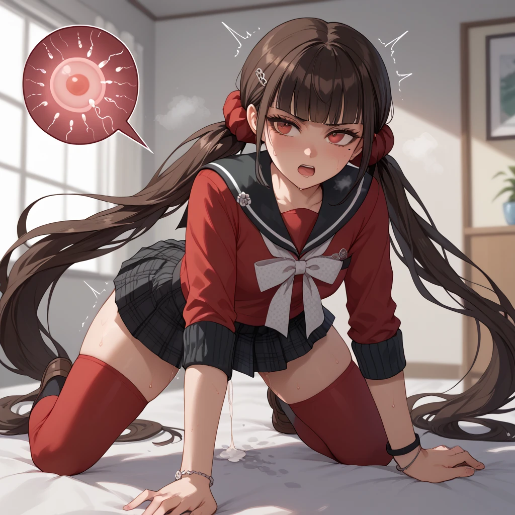 harukawa maki, long hair, bangs, brown hair, black hair, hair ornament, red eyes, twintails, very long hair, hairclip, blunt bangs, mole under eye, low twintails, scrunchie, hair scrunchie, red scrunchie,skirt, shirt, thighhighs, long sleeves, bow, school uniform, pleated skirt,  serafuku, miniskirt, black skirt, sailor collar, mole, bracelet,  Zettai Ryouiki , plaid, plaid skirt, red shirt, black sailor collar, red thighhighs,1girl、NSFW、impregnation,shaking,trembling、steam,sweat、sweaty body,very sweaty,pussy juice leaking、creampie、 rape、 vaginal、sex slave、defeated、forced pleasure、game over、panties around one leg、Nipples、all fours,arm grab