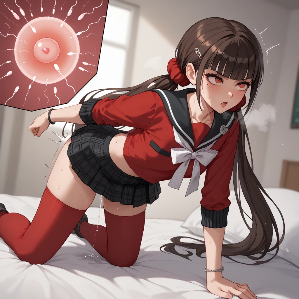 harukawa maki, long hair, bangs, brown hair, black hair, hair ornament, red eyes, twintails, very long hair, hairclip, blunt bangs, mole under eye, low twintails, scrunchie, hair scrunchie, red scrunchie,skirt, shirt, thighhighs, long sleeves, bow, school uniform, pleated skirt,  serafuku, miniskirt, black skirt, sailor collar, mole, bracelet,  Zettai Ryouiki , plaid, plaid skirt, red shirt, black sailor collar, red thighhighs,1girl、NSFW、impregnation,shaking,trembling、steam,sweat、sweaty body,very sweaty,pussy juice leaking、creampie、 rape、 vaginal、sex slave、defeated、forced pleasure、game over、panties around one leg、Nipples、all fours,arm grab