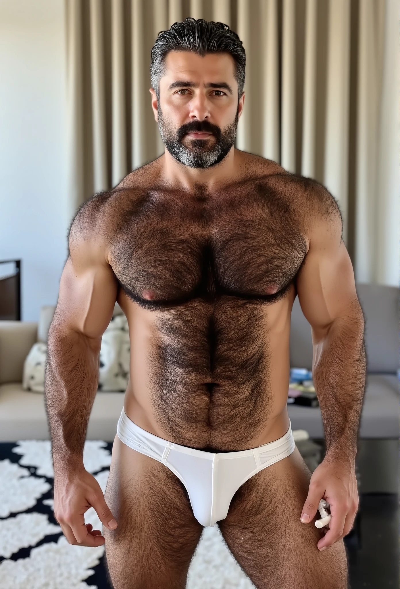 Extremely muscular, very hairy, rugged Arab daddy flexing his arms ((Sweaty)) ((Hairy)) ((Thick, full, curly black body hair all over)) ((Thick, excessive chest hair)) ((Curly, full pubic hair)) ((Thick, full happy trail of hair all over his abs)) ((Late 40s)) ((Extremely handsome)) ((Square jaw)) ((Sweating)) ((Smiling menacingly)) ((wearing black underwear)) ((black briefs)) ((Excessive pubic hair)) ((Short, military haircut)) ((Buzz cut)) ((Homoerotic)) ((Extremely realistic)) ((Seductive glare)) ((Unibrow)) ((unibrow)) ((caveman brow bone)) ((moustache)) ((head to toe)) ((full body)) ((hairier)) ((more hair)) ((ape)) ((more body hair)) ((extreme body hair)) ((fur)) ((dad bod)) ((very tan)) ((tan)) ((middle eastern)) ((Arab))