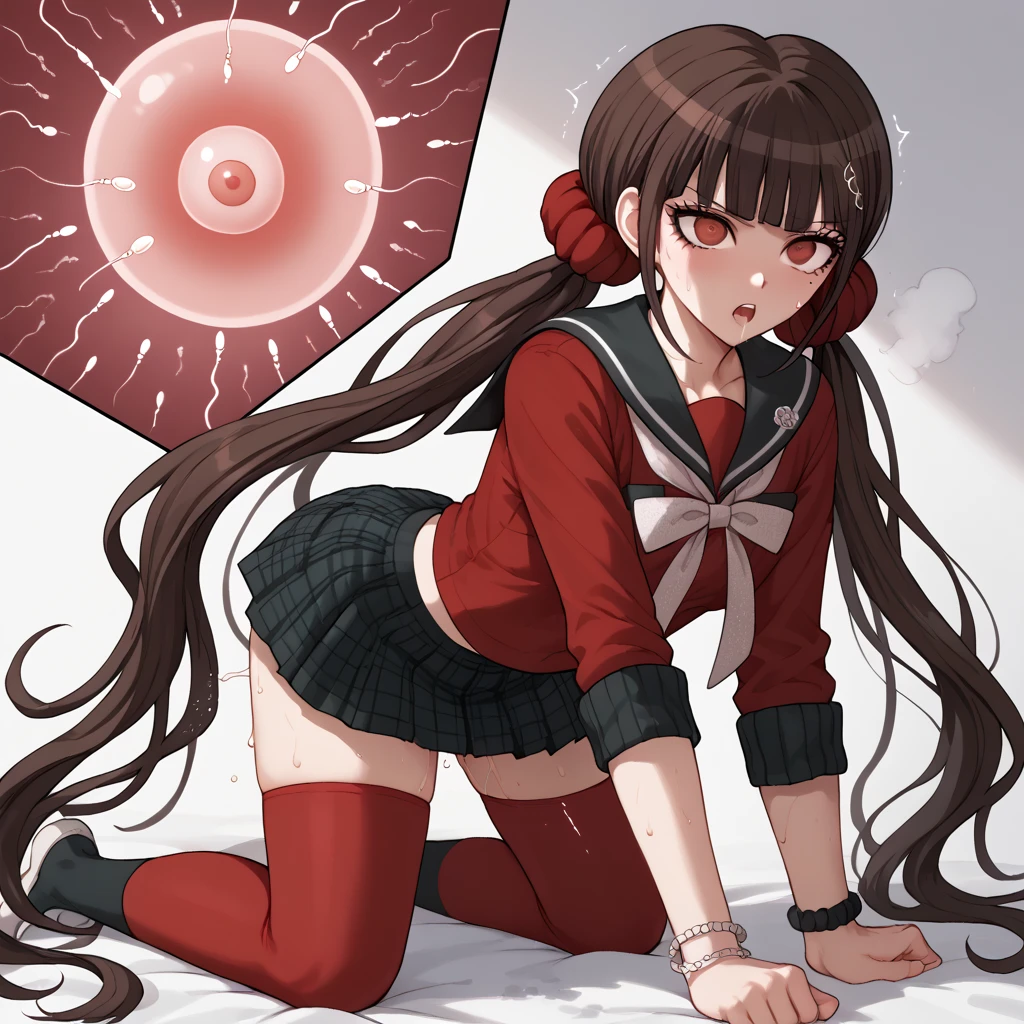 harukawa maki, long hair, bangs, brown hair, black hair, hair ornament, red eyes, twintails, very long hair, hairclip, blunt bangs, mole under eye, low twintails, scrunchie, hair scrunchie, red scrunchie,skirt, shirt, thighhighs, long sleeves, bow, school uniform, pleated skirt,  serafuku, miniskirt, black skirt, sailor collar, mole, bracelet,  Zettai Ryouiki , plaid, plaid skirt, red shirt, black sailor collar, red thighhighs,1girl、komatsuzaki rui style、danganronpa style、NSFW、impregnation,shaking,trembling、steam,sweat、sweaty body,very sweaty,pussy juice leaking、creampie、 rape、 vaginal、sex slave、defeated、forced pleasure、game over、panties around one leg、Nipples、all fours,arm grab