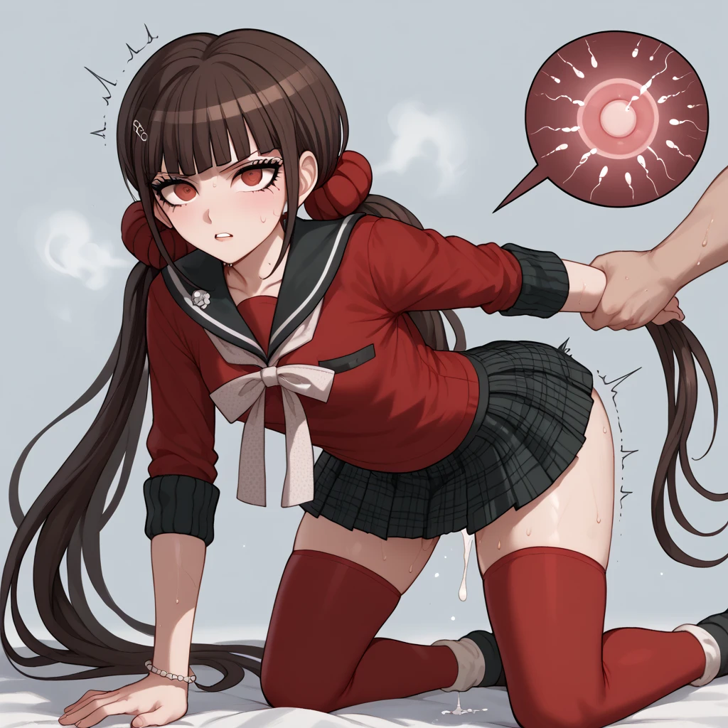 harukawa maki, long hair, bangs, brown hair, black hair, hair ornament, red eyes, twintails, very long hair, hairclip, blunt bangs, mole under eye, low twintails, scrunchie, hair scrunchie, red scrunchie,skirt, shirt, thighhighs, long sleeves, bow, school uniform, pleated skirt,  serafuku, miniskirt, black skirt, sailor collar, mole, bracelet,  Zettai Ryouiki , plaid, plaid skirt, red shirt, black sailor collar, red thighhighs,1girl、komatsuzaki rui style、danganronpa style、NSFW、impregnation,shaking,trembling、steam,sweat、sweaty body,very sweaty,pussy juice leaking、creampie、 rape、 vaginal、sex slave、defeated、forced pleasure、game over、panties around one leg、Nipples、all fours,arm grab