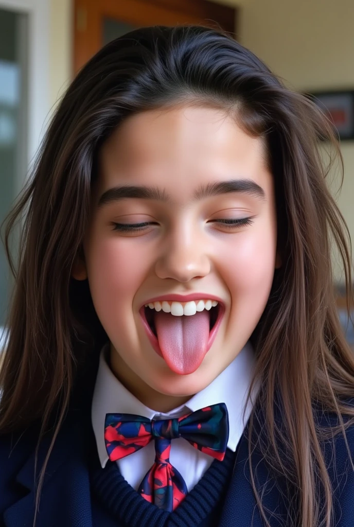 estilo russo, Girl children , estudio fotografico fundo infinito branco, Close-up, busto, retrato , long hair DARK STROKES and giant PURPLE bow on the head