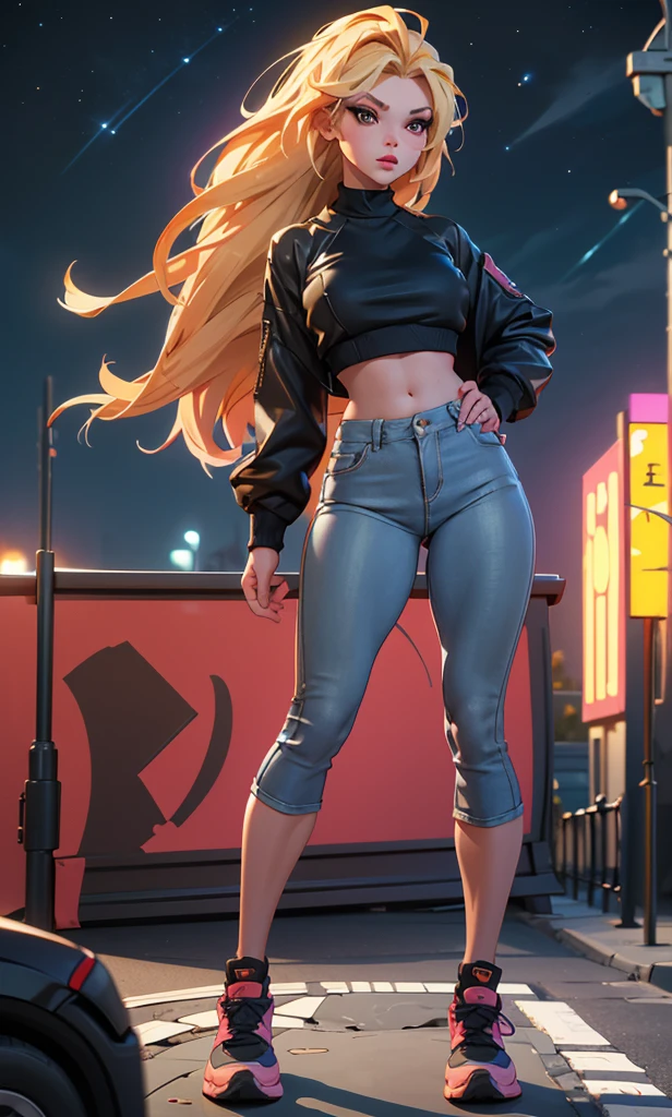  Masterpiece, 1 girl, beautiful, slim, head on,  watching the spectator,  long hair ,  blond hair , brown eyes,  arched eyebrows ,  full body ,  pretty legs, abdomen plano, Kpop outfit , top corto color azul, pantalón cropped color negro,  sports shoes , (((desnuda))), on the street, dark sky, Danger Zone , 