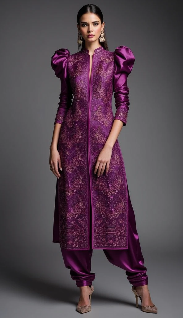 A skinny tall and striking woman exudes confidence and charm with a flirtatious expression. she is adorned in a stunning slimfit PUNJABI STYLE outfit featuring a dark purple arabian shimmer satin foil fabric Chikankari white-on-white embroidery embellishments like beads and sequins work kurti paired with a matching dhoti style shalwar and cover head and neck with ORGANZA DUPATTA. The kurti showcases exaggerated puffy shoulders, adding a dramatic flair to her look, and the 3/4 sleeves offer an elegant touch. Her ensemble is completed with high heels, which accentuate her poised stance. The overall effect is booth sophisticated and alluring, perfect capturing her graceful and bold presence.