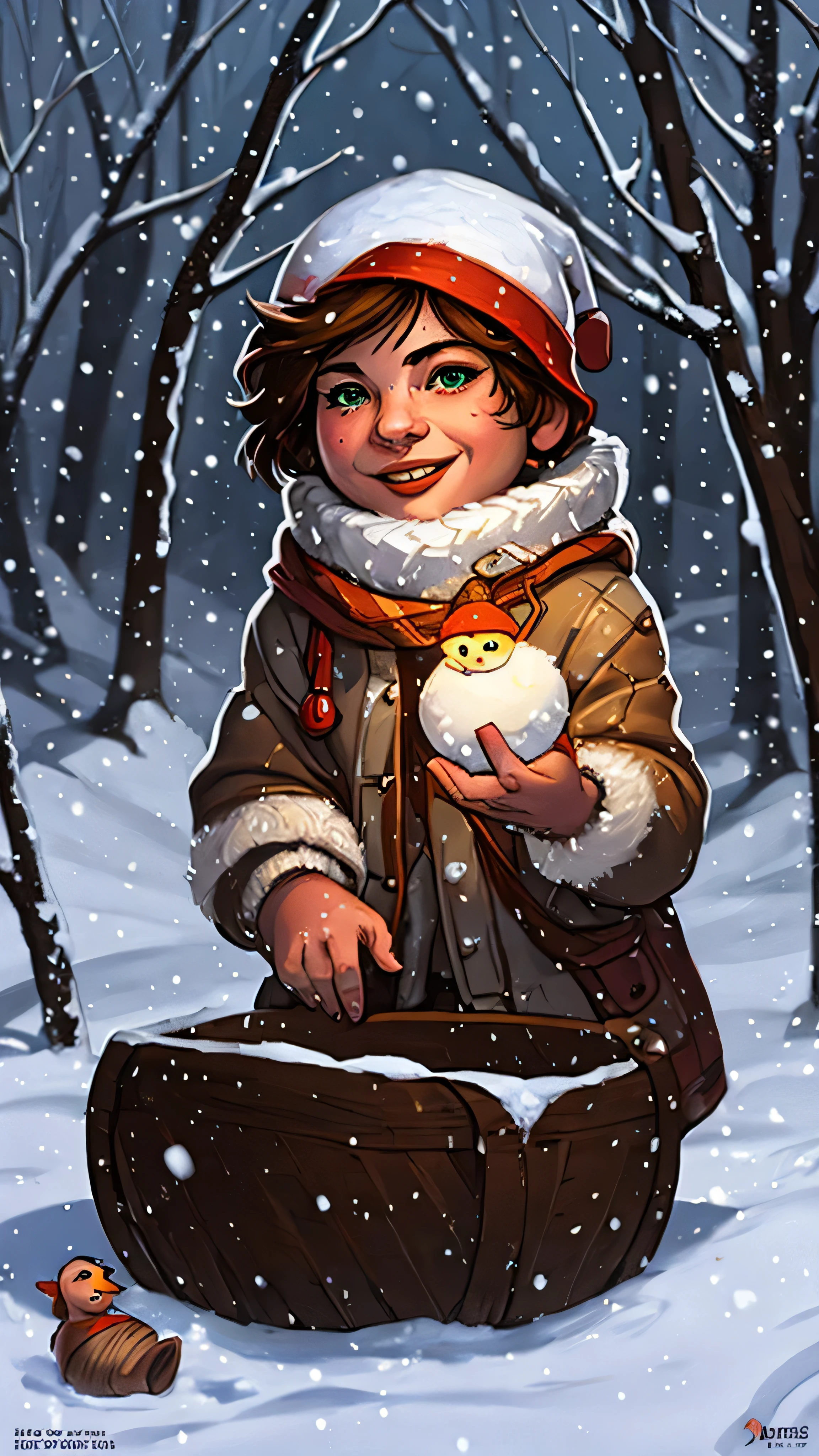 gnome, , , , short stature, shortstack, brown hair, big green eyes, big ears, light tan body skin, cozy oversized winter jacket, colorful scarf, fluffy mittens, kneeling in the snow, carefully shaping snowball, build snowman, rosy cheeks, wide grin, pure joy, cheerful, partially built snowman, crooked carrot nose, shiny pebbles eyes, small tilted gnome hat, peaceful winter wonderland, snow-covered trees, soft falling snowflakes, sled leaning against a snowbank, playful festive scene, (insanely detailed, beautiful detailed face, masterpiece, best quality), cinematic lighting, solo, cowboy shot, front view, looking at viewer, intricate, high detail, sharp focus, dramatic, photorealistic painting art by greg rutkowski