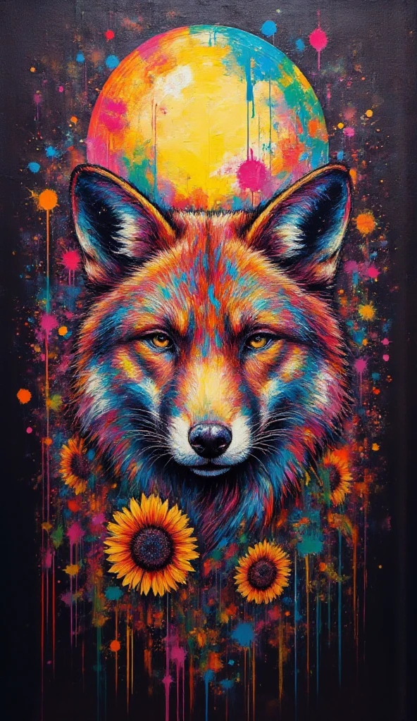 Create a stunning oil painting that captures the essence of Holi, featuring a beautiful fox surrounded by vibrant sunflowers and a luminous moon. Emphasize rich, bold colors that reflect the festival's spirit, with splashes of vivid hues representing the Holi powders. Draw inspiration from Gustav Klimt's distinctive style, incorporating intricate patterns and details in the fox's fur and the sunflower petals. Utilize the impasto technique to add texture and depth, making the painting ultra-realistic with a striking visual impact. Ensure the artwork is presented in ultra-high-definition (UHD) and high dynamic range (HDR), enhancing the vibrancy and luminosity of the colors while creating a captivating interplay of light and shadow throughout the composition.