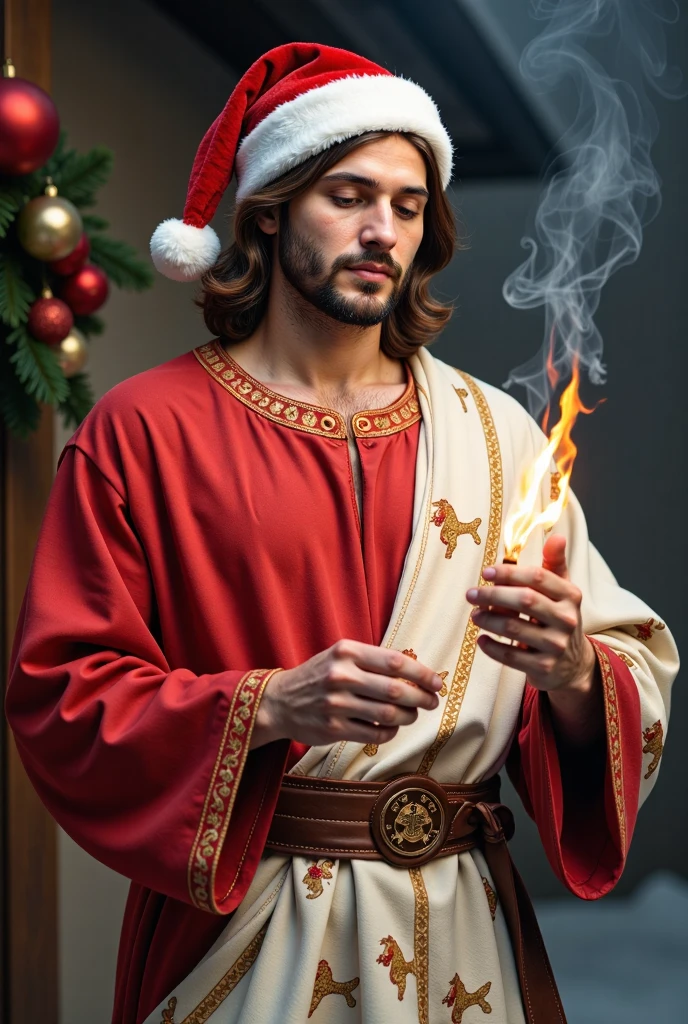 Jesus at Christmas  , Jesus wears a red tunic, a Christmas tunic and a Christmas hat while burning a 