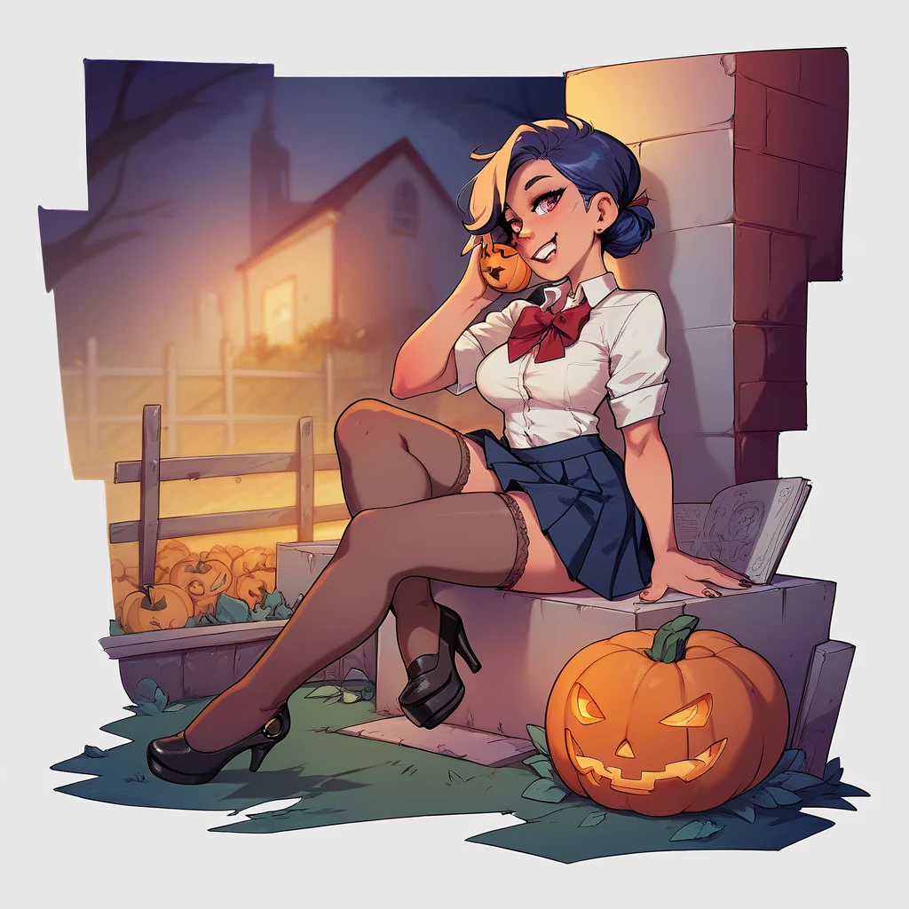 girl in short school skirts , neckline,  stockings,  high heels, Sitting on a pumpkin in the cemetery at midnight 