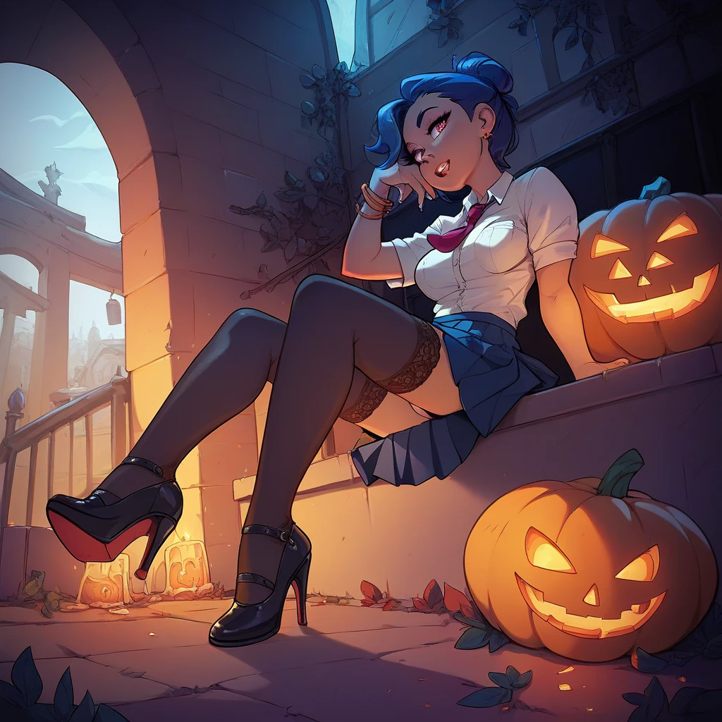 girl in short school skirts , neckline,  stockings,  high heels, Sitting on a pumpkin in the cemetery at midnight 