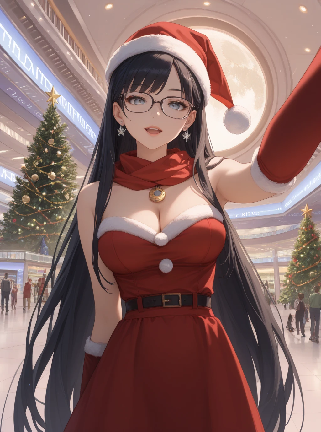  masterpiece fails,  top quality,  amazing quality,  very aesthetic , absurdres , newest, landscape,   anime screenshot bayofate ,  black hair, ( Very long hair :1.3), glasses,   big breasts , bang,  grey eyes , mall  under eye, earrings, mall , mall  under mouth,Santa Costume, santa hat, scarf,  sexy ,  room, decorations, Santa Christmas tree ,selfie,dutch angle,   sexy ,   full height,(backlighting:1),  Opened lips, blossom , Shine,censored,   cleavage  ,waist,  seductive  ,  Santa gloves ,  open mouth , Night,lighting, ,  shoulder,,  suit skirt looking at the viewer ,Particles of light,   cleavage  ,red lips,  seductive  smile, full moon, , glacier, Amulet,