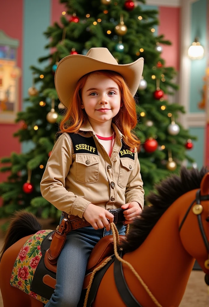  schoolgirl, 1girl, white red-haired girl stands in front of a Christmas tree in a carnival cowboy costume, photo in retro 1940s style, color, Christmas, full-length, sheriff costume, lasso, sitting on a toy horse, amouranth,