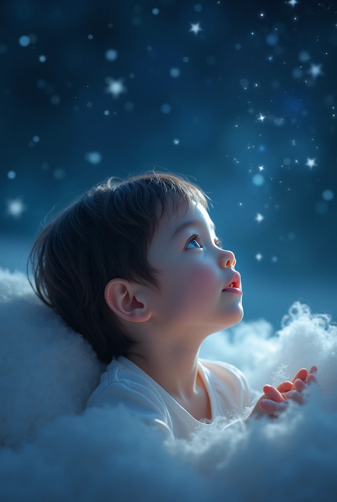 a baby listens to a lullaby and sits tenderly on a crescent moon in a fairy-tale space and there are many stars around, sleeps with closed eyes