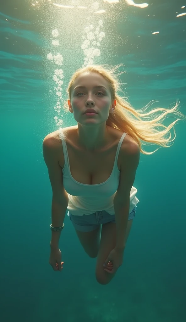 35mm National Geographic photo, close up of a young woman in a black one-piece bathing suit, long blond hair, swimming in the crystal clear turquoise-green water, surrounded by dozens of gigantic fleshy eels, in the style of dark emerald and light amber, raking sunlight from high above, vertical view looking down, surreal-punk theme, in the style of Terry Gilliam's 'Brazil', by Jacek Yerka and Cliff McReynolds