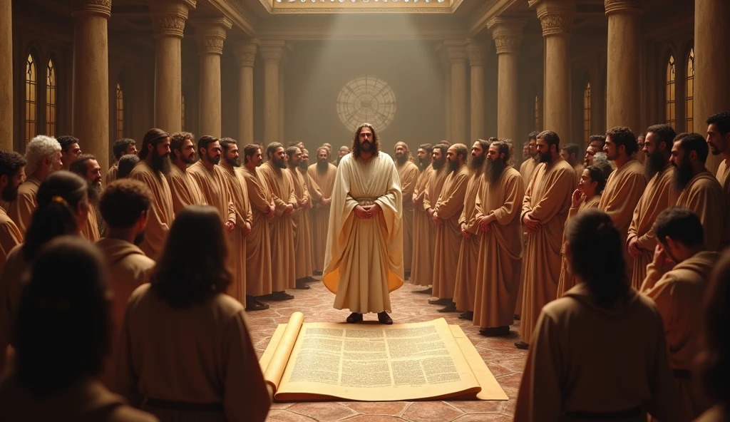 a group of people standing in front of a statue in a building, biblical epic movie, ancient kings in white robes, [ cinematic, jason momoa as assyrian, king of kings, sat in his throne, movie promotional image, three kingdom, movie screen shot, opening scene, the three moiras, award winning cinematic still, epic cinematic still, [epic