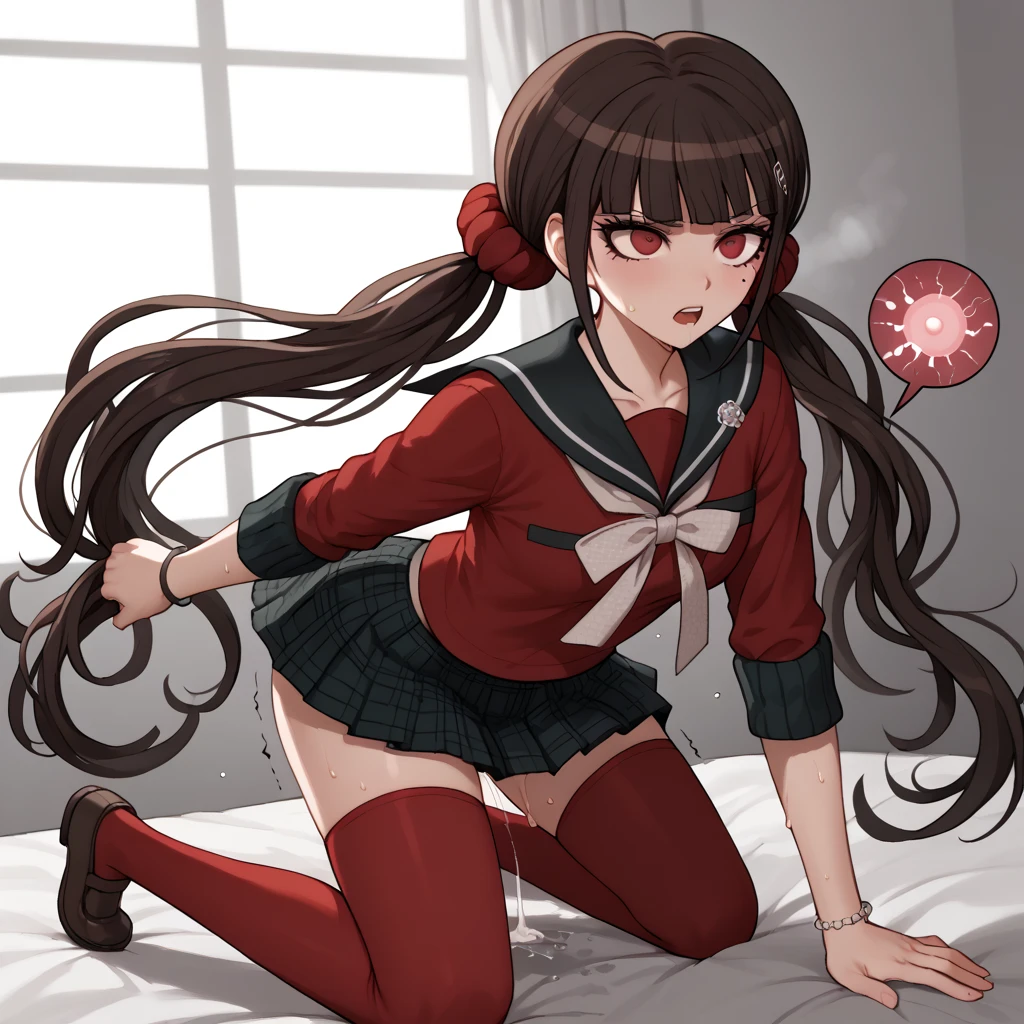 harukawa maki, long hair, bangs, brown hair, black hair, hair ornament, red eyes, twintails, very long hair, hairclip, blunt bangs, mole under eye, low twintails, scrunchie, hair scrunchie, red scrunchie,skirt, shirt, thighhighs, long sleeves, bow, school uniform, pleated skirt,  serafuku, miniskirt, black skirt, sailor collar, mole, bracelet,  Zettai Ryouiki , plaid, plaid skirt, red shirt, black sailor collar, red thighhighs,1girl、komatsuzaki rui style、danganronpa style、NSFW、impregnation,shaking,trembling、steam,sweat、sweaty body,very sweaty,pussy juice leaking、creampie、 rape、 vaginal、sex slave、defeated、forced pleasure、game over、panties around one leg、Nipples、all fours,arm grab