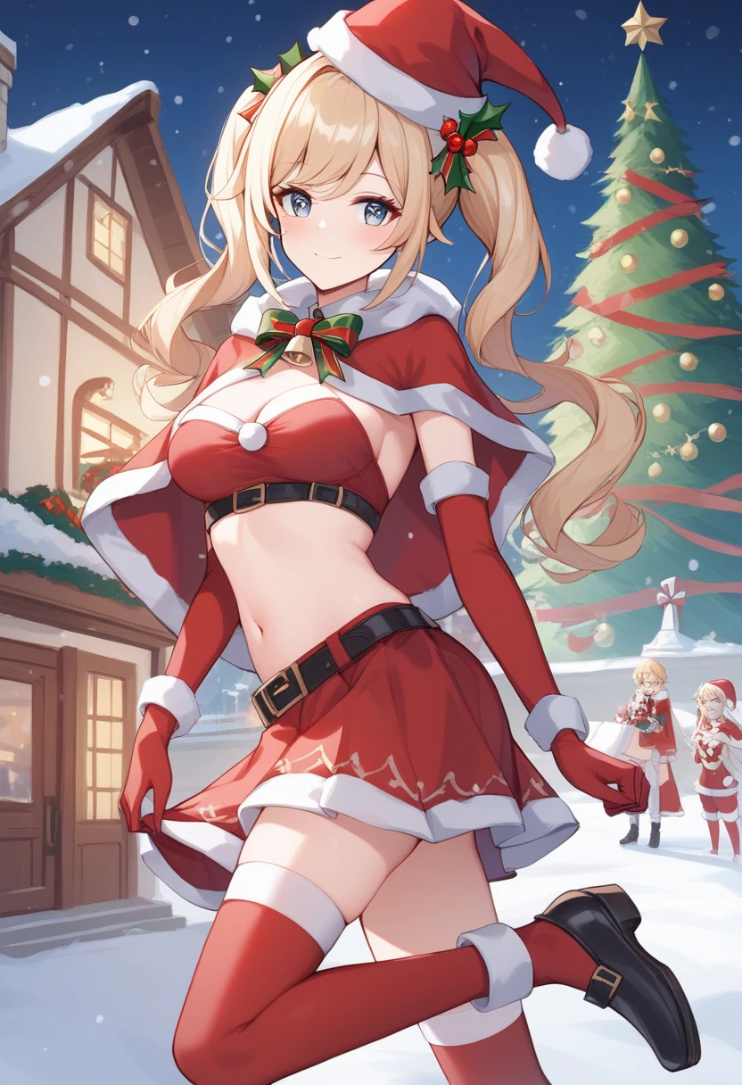 (masterpiece:1.2), (best quality:1.1), ultra-detailed illustration，(fur bikini:1.1)，(santa hat:1.2)，straggling hair，(over knee BOOTS:1.2)，(Santa Claus motif:1.3)，(thigh armor:1.1)，(turime)，cowboy shot，GORGEOUS，(Big smile:1.2)，(fighting STANCE)，(thick belt:1.1)，(small breasts)，(red gloves:1.2)，on the roof，snow town，