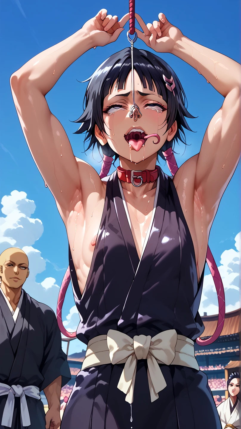 a picture, inspired by Kentaro Miura, trending on pixiv, soifon from bleach, black uniform, favorite scene, fine details, skins, sweating, small breasts, both hands raised, armpits, (small head),armpits visible, dripping with sweat, more more sweat, ((Japanese clothes)),open mouth,rolling eyes,muscle,kneel down,open legs,For the audience, (muscle:1.2),Looking at the audience, tired, (small breasts),sexy body,perfect body,(drooling), tears, head wet, runny nose, black hair, dog collar,transparent nose hook, tentacle in mouth. 