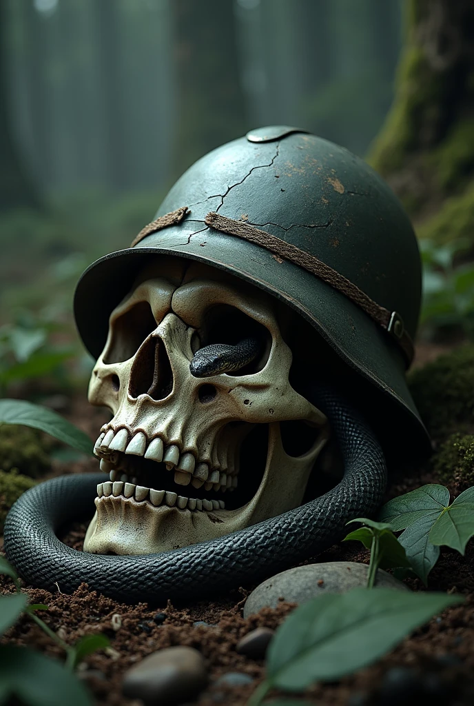 A skull still wearing a helmet is found on a battlefield from Japan&#39;s Sengoku period、There are many flies and bugs around the skull.。photo、photoリアリスティック、